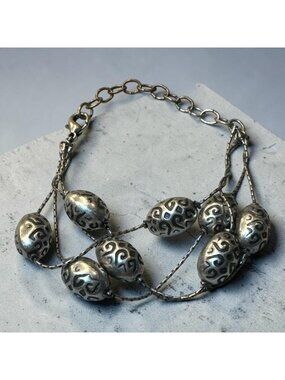 Vintage Style Silver Tone Multi Strand Bracelet Embossed Beads Boho Statement